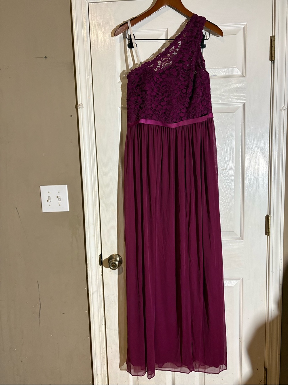 David's Bridal One-Shoulder Lace Bodice Maxi Dress in Plum